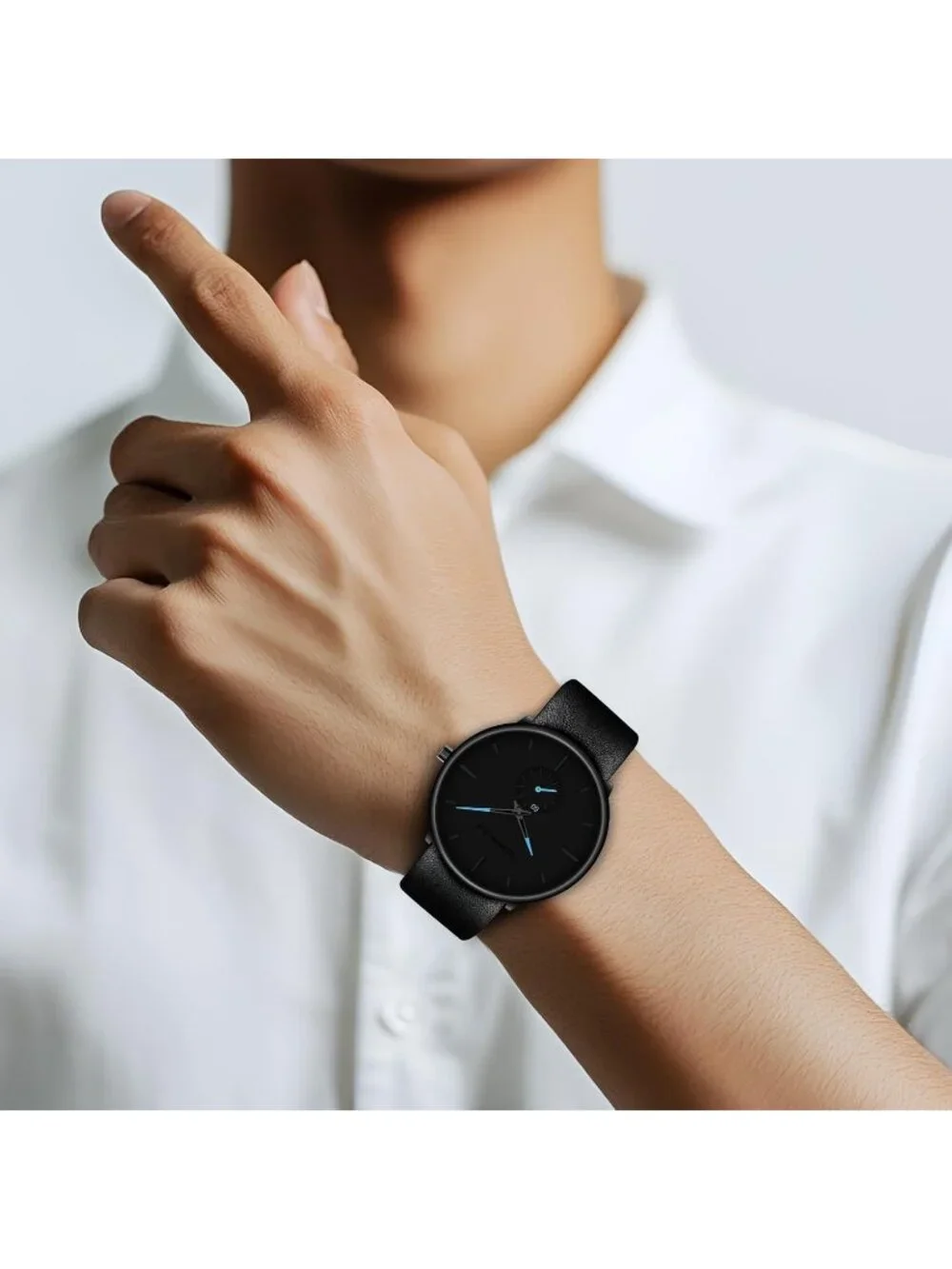 Unisex Blue Black Ultra-Thin Minimalist Waterproof Fashion Leather Band Watch